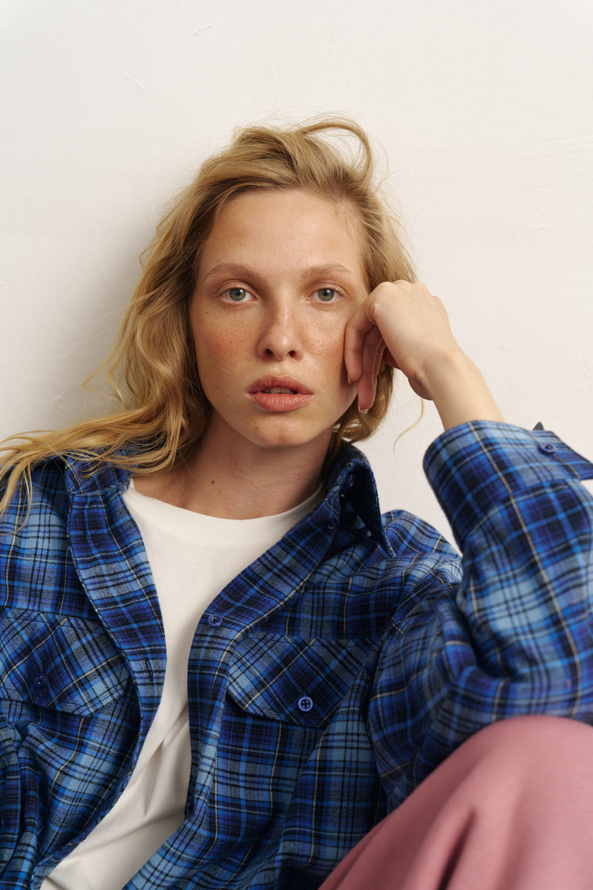 Сорочка з кулісками картата синя