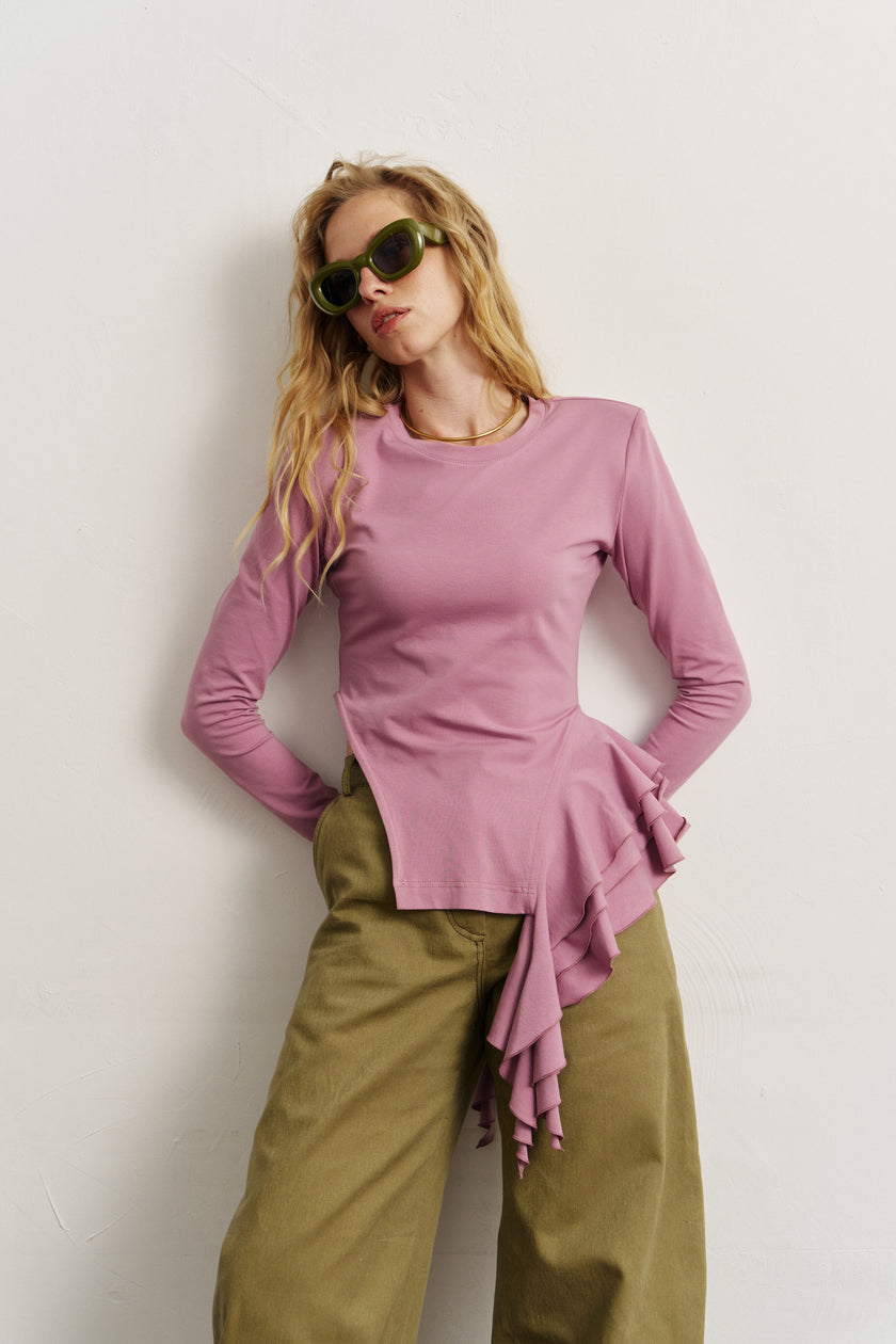 Лонгслів з драпіруванням бузковий